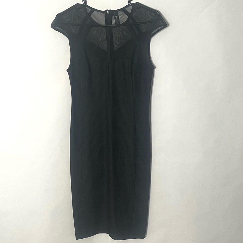 Y.A.S Margarita fitted cocktail dress ribbed w/ mesh detailing LBD midi Size M